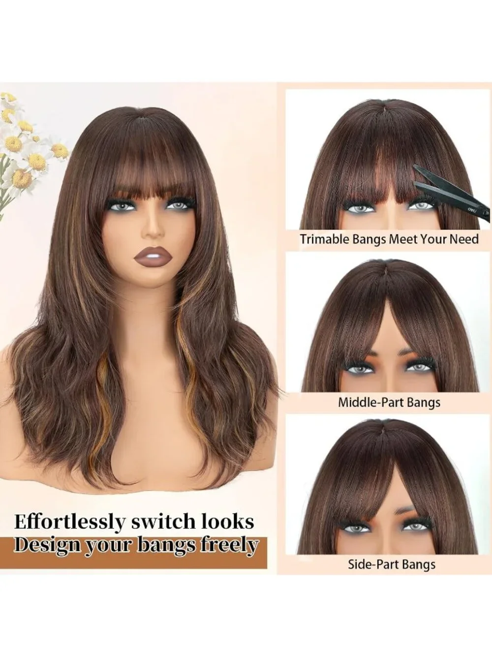 Women Chocolate Brown 18 Inch Natural Looking Synthetic Heat Resistant Wavy Wigs